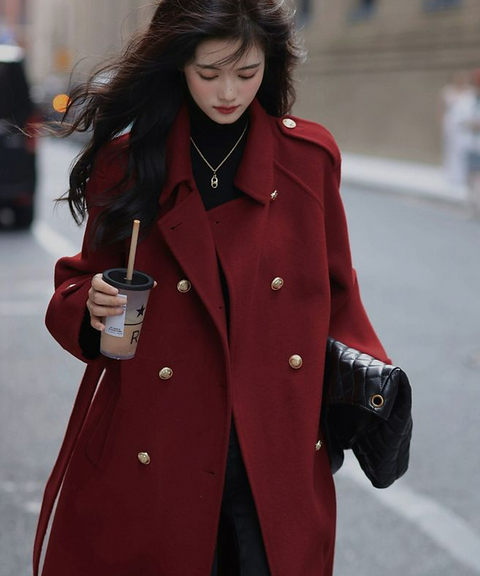 Maroon Double Breasted Wool Blend Coat