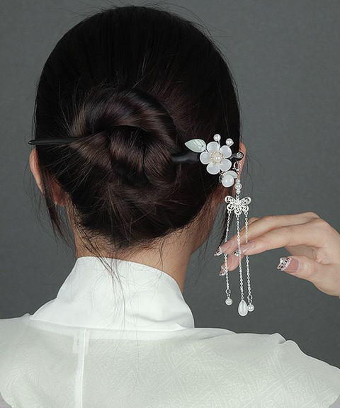 Floral Wooden Hairpin with Tassels