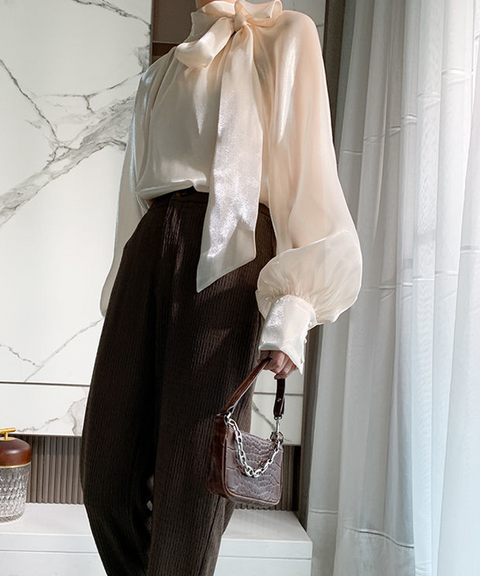 Classic Tie Neck Satin Blouse with Bow