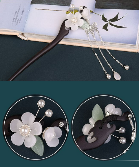Floral Wooden Hairpin with Tassels