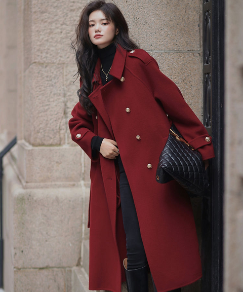 Maroon Double Breasted Wool Blend Coat