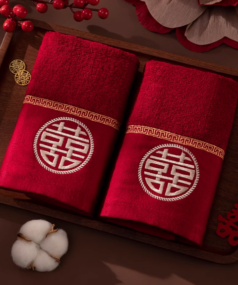 Embroidered Red Wedding Face Towels