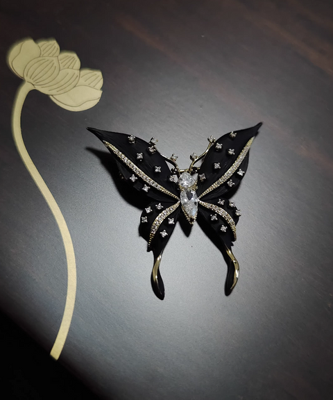 Black & White Butterfly Crystal Brooch Pin