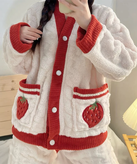 Sweet Strawberry Fuzzy Pajama Set