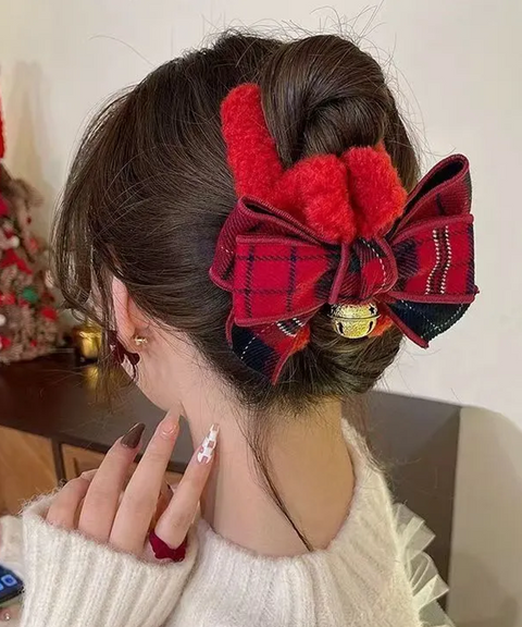 Jingle Bell Hair Claw Clip with Plaid Bow