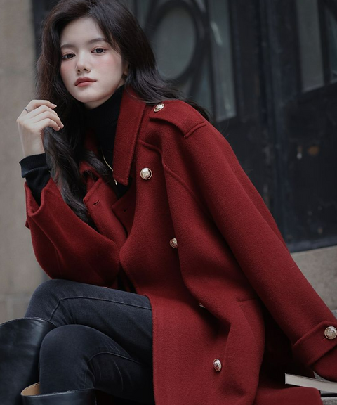 Maroon Double Breasted Wool Blend Coat