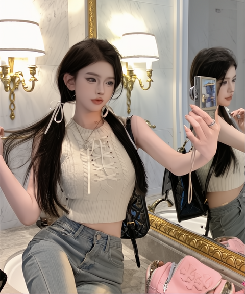 Sleeveless Bow Ribbon Knit Crop Top