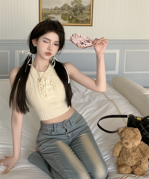 Sleeveless Bow Ribbon Knit Crop Top