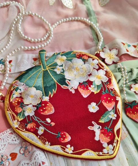 Strawberry Embroidery Shoulder Bag with Pearl Chain