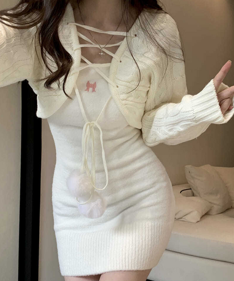 Pom-Pom Knit Mini Dress with Cropped Bolero