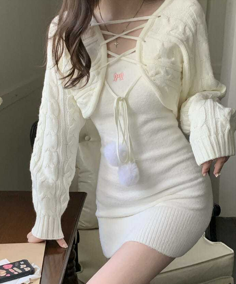 Pom-Pom Knit Mini Dress with Cropped Bolero