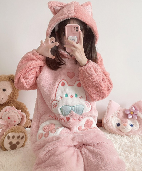 Neko Cat Pink Hooded One-Piece Pajama