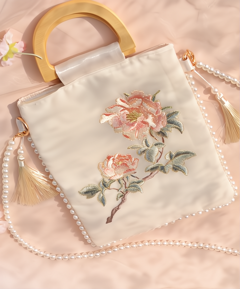 Peony Flowers Embroidered Shoulder Bag with Pearl Chain