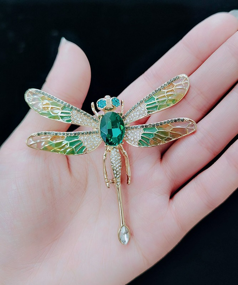 Gold Tone Dragonfly Crystal Brooch