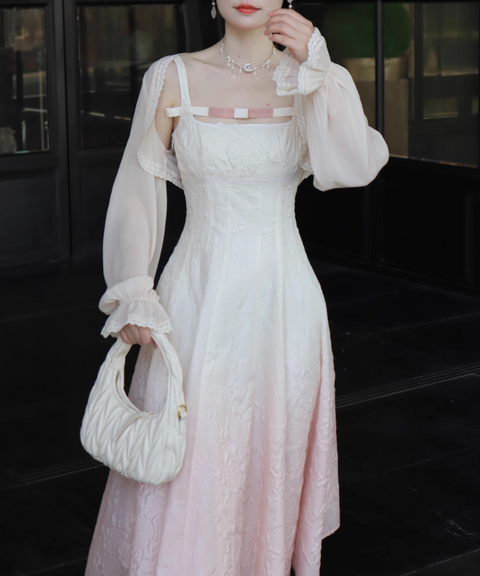 Sweet Pink Gradient Embossed Midi Slip Dress