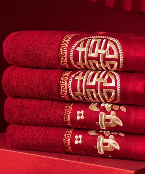 Embroidered Red Wedding Face Towels