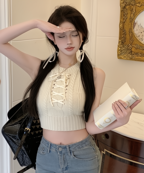Sleeveless Bow Ribbon Knit Crop Top