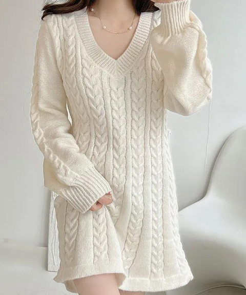 Ivory V-Neck Braid Knit Dress