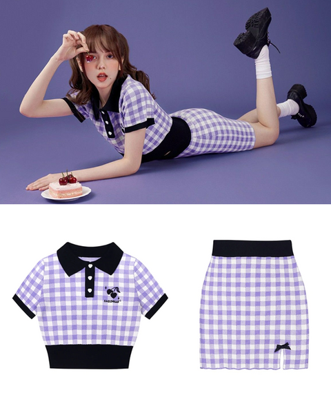 Plaid Purple & Black Knit Set with Top and Mini Skirt