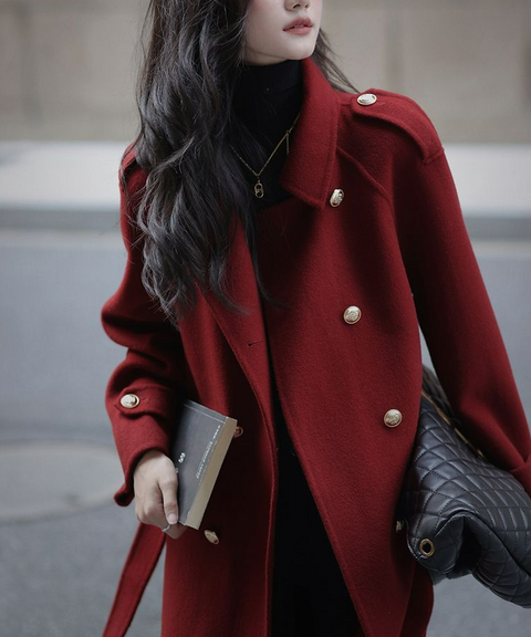 Maroon Double Breasted Wool Blend Coat