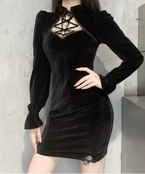 Nemesis Velvet Mini Cheongsam Dress in Black