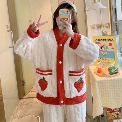 Sweet Strawberry Fuzzy Pajama Set