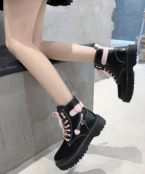 Black & Pink Heart Lace Up Combat Boot