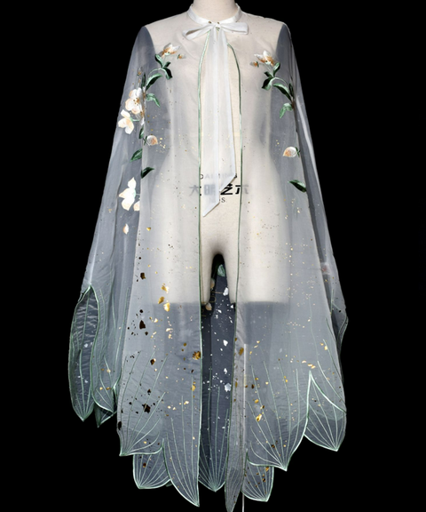 Love & Luxury Gold Pleated Sheer Cape with Embroidered Floral Blossom