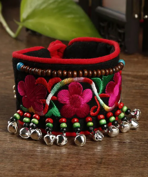 Embroidered Floral Bracelet with Bells and Beads