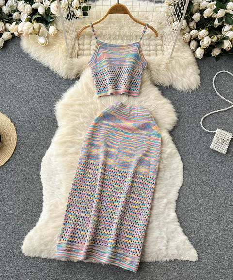 Rainbow Striped Knit Cami & Skirt Set