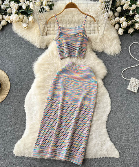 Rainbow Striped Knit Cami & Skirt Set