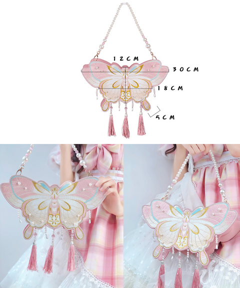 3D Butterfly Embroidered Handbag with Pearl Chain