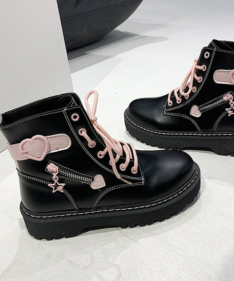 Black & Pink Heart Lace Up Combat Boot