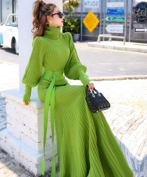 La Fé Belted Knitted Sweater Dress