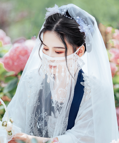 Tulle Face Veil with Lace and Pearl