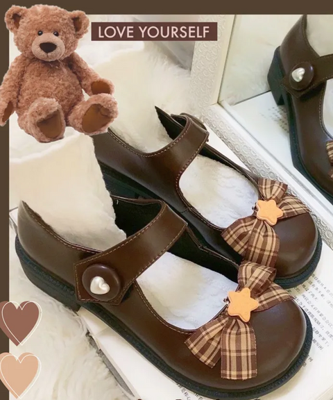 Teddy Bear Bowknot Mary Jane Leather Shoes