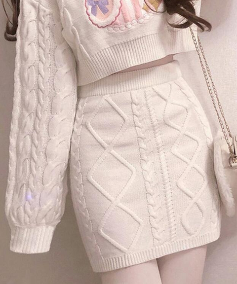 Bunny Heart Knit Crop Top Skirt Set