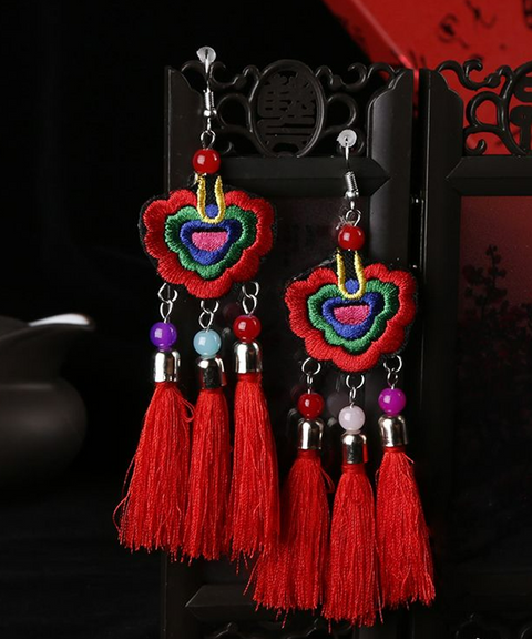 Embroidered Boho Dangle Earrings with Tassels