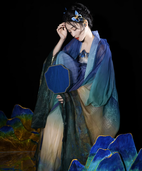 Mountain Blue Gradient Satin Maxi Gown with Shawl