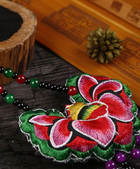 Miao Ethnic Beaded Necklace with Floral Embroidery