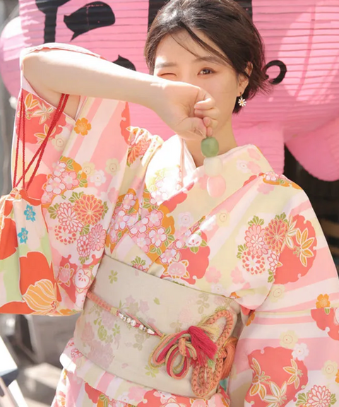 Sweet Pink Summer Yukata Wrap Dress