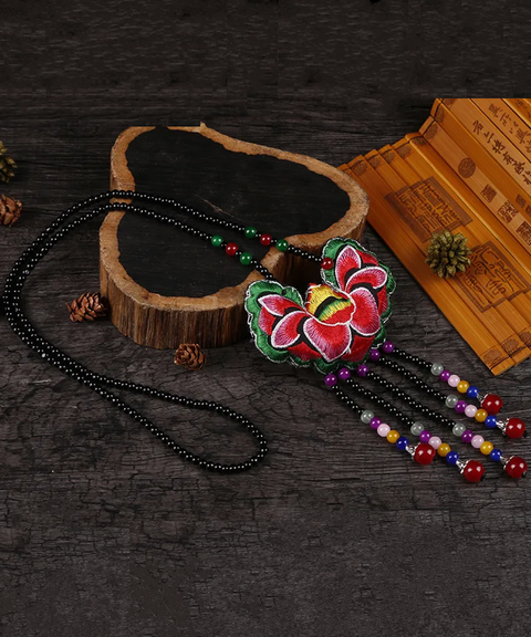 Miao Ethnic Beaded Necklace with Floral Embroidery