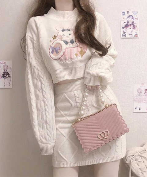 Bunny Heart Knit Crop Top Skirt Set