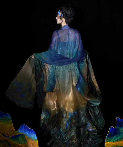 Mountain Blue Gradient Satin Maxi Gown with Shawl