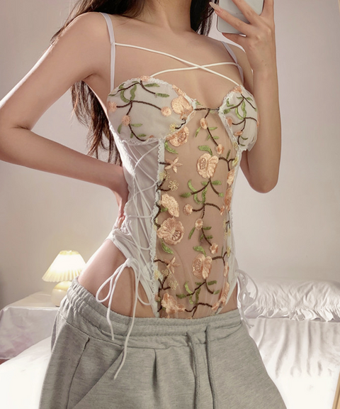 Romantic Floral Embroidered Sheer Lace Bodysuit