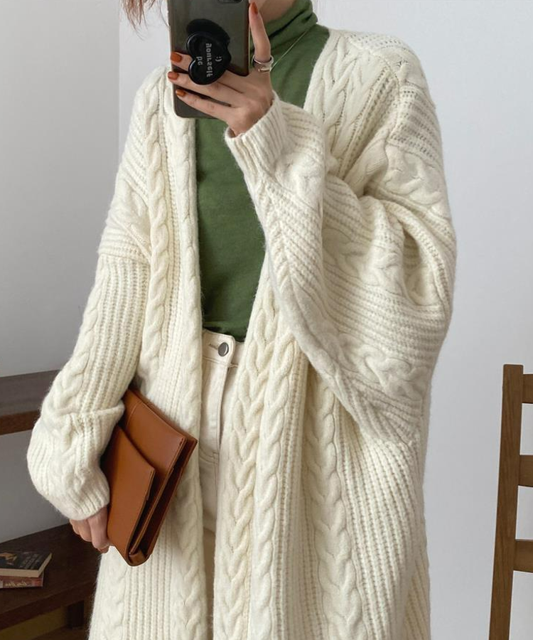 Mocha Cable Knit Open Front Wool Blend Cardigan