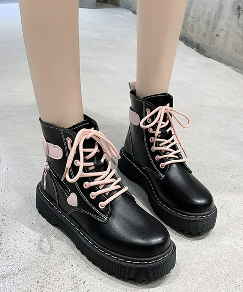 Black & Pink Heart Lace Up Combat Boot