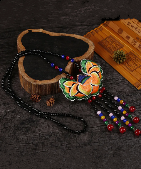 Miao Ethnic Beaded Necklace with Floral Embroidery
