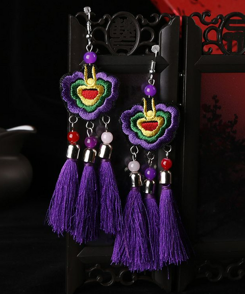 Embroidered Boho Dangle Earrings with Tassels