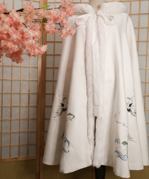 Fleece Hooded Cloak with Oriental Embroidery